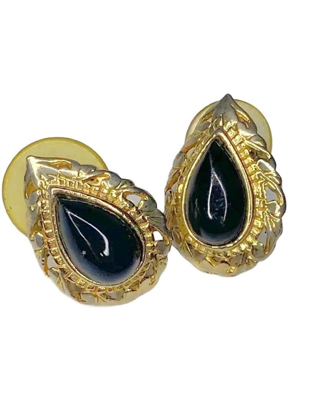 Vintage Gold-Tone‎ Teardrop Stud Earrings with Black Stone Cabochon (c. 1980s)